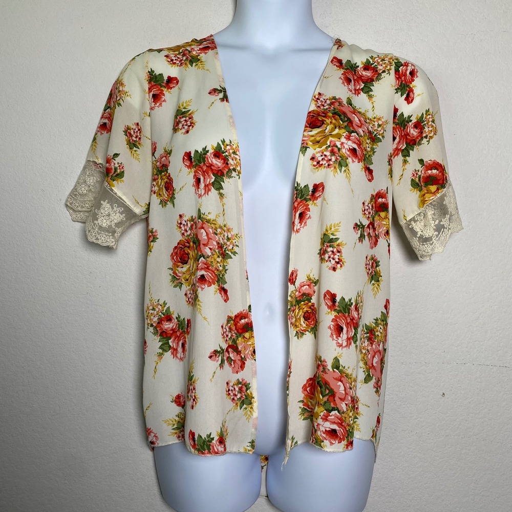 Poetry Floral Kimono Cardigan OS‎ Cream Red Womens Cottagecore Lace Trim Chiffon